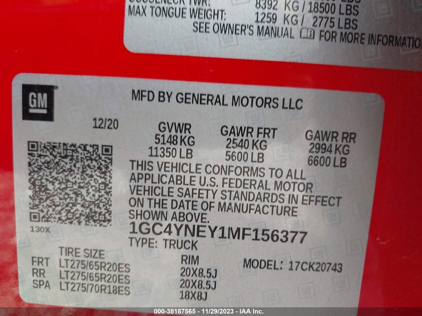 VIN 1GC4YNEY1MF156377 2021 CHEVROLET SILVERADO 2500HD