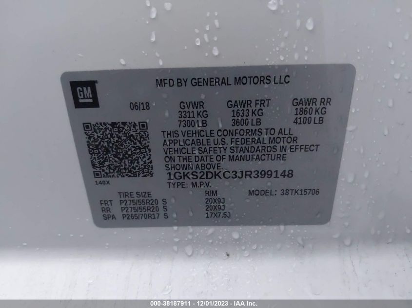 2018 GMC Yukon Slt Standard Edition VIN: 1GKS2DKC3JR399148 Lot: 38187911