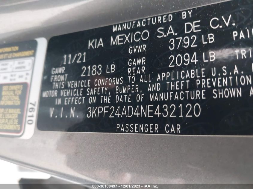 2022 Kia Forte Lxs VIN: 3KPF24AD4NE432120 Lot: 38188497