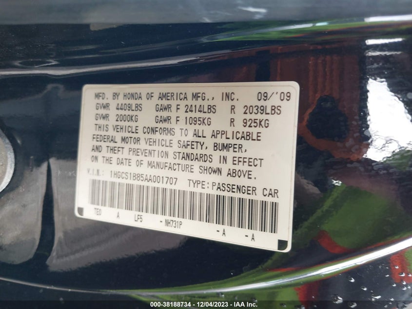 2010 HONDA ACCORD VIN: 1HGCS1B85AA001707