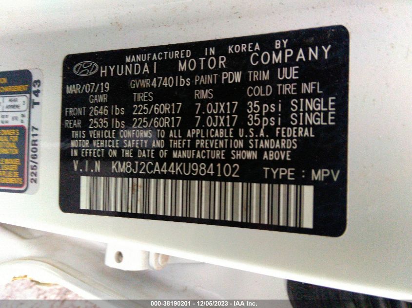 KM8J2CA44KU984102 2019 Hyundai Tucson Se