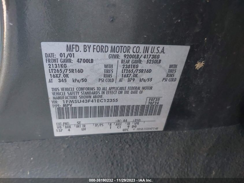 1FMSU43F41EC12355 2001 Ford Excursion Limited