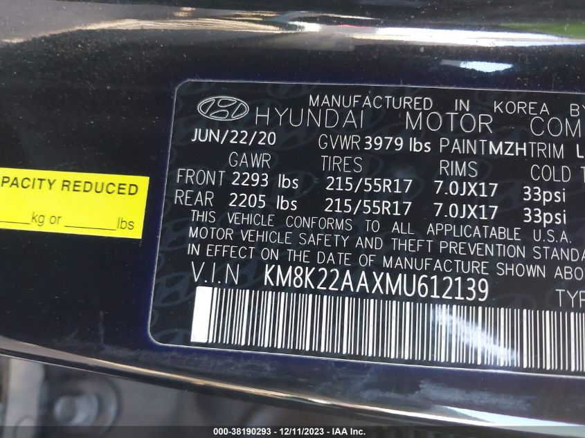 2021 Hyundai Kona Electric Sel VIN: KM8K23AG7MU612139 Lot: 38190293