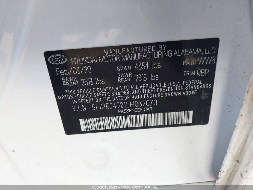 2020 Hyundai Sonata Sel Plus VIN: 5NPEJ4J21LH032070 Lot: 38190531