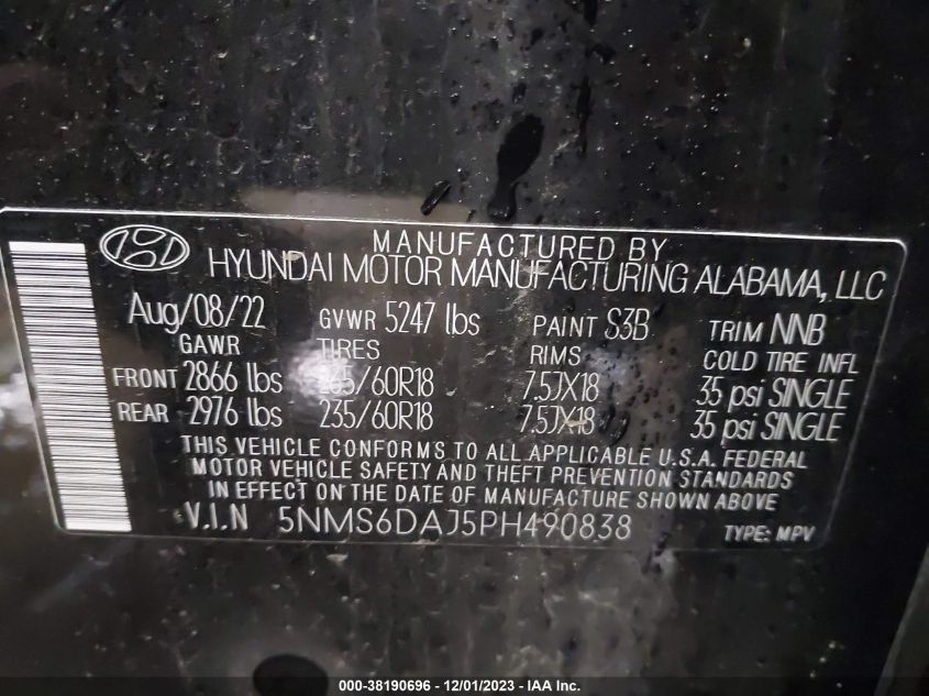 5NMS6DAJ5PH490838 2023 Hyundai Santa Fe Xrt