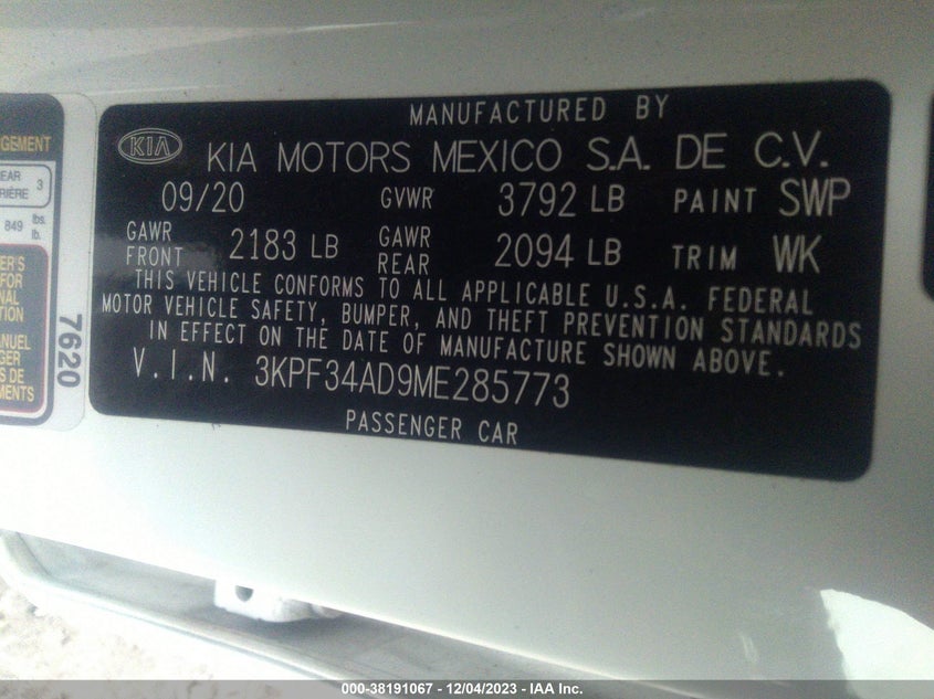 2021 Kia Forte Gt-Line VIN: 3KPF34AD9ME285773 Lot: 38191067