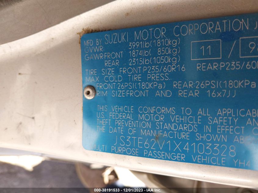 1999 Suzuki Grand Vitara Js/Js+ VIN: JS3TE62V1X4103328 Lot: 38191533