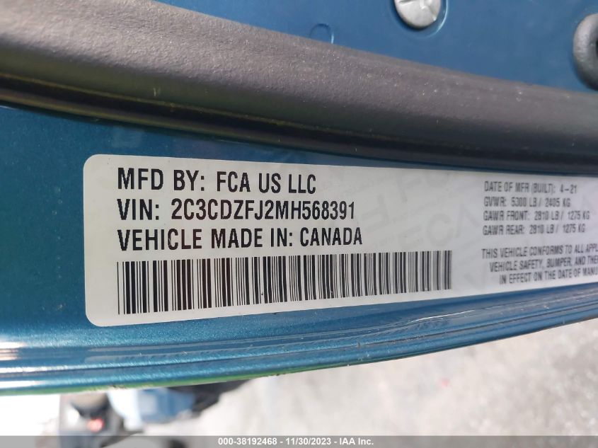 2021 Dodge Challenger R/T Scat Pack VIN: 2C3CDZFJ2MH568391 Lot: 38192468