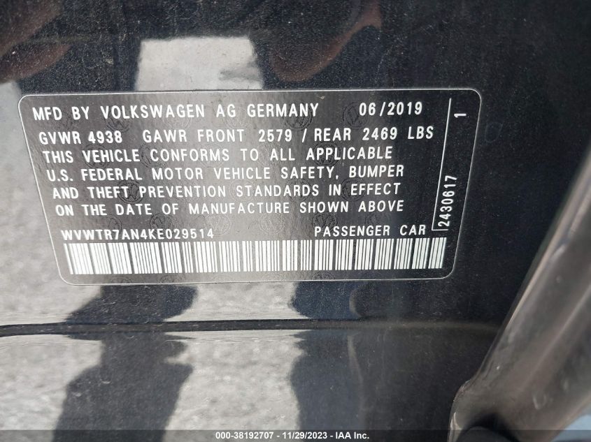 WVWTR7AN4KE029514 2019 Volkswagen Arteon 2.0T Sel Premium R-Line