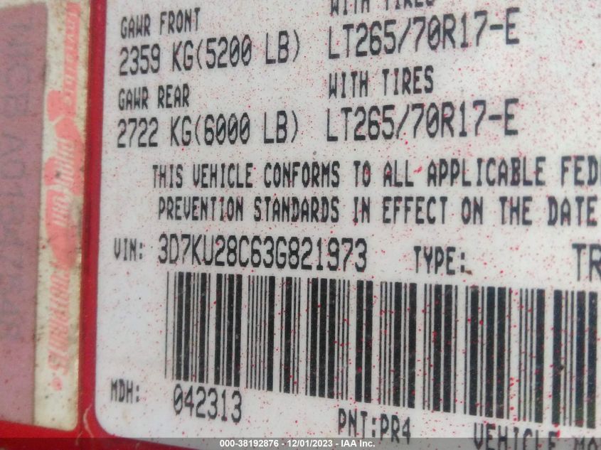 3D7KU28C63G821973 2003 Dodge Ram 2500 Slt/Laramie/St