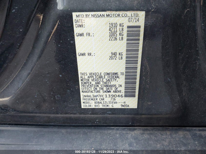 2015 NISSAN ALTIMA 2.5 SV VIN: 1N4AL3AP7FC139046