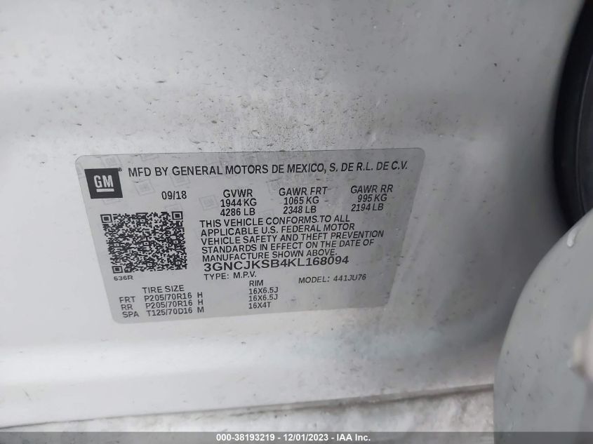 3GNCJKSB4KL168094 2019 Chevrolet Trax Ls