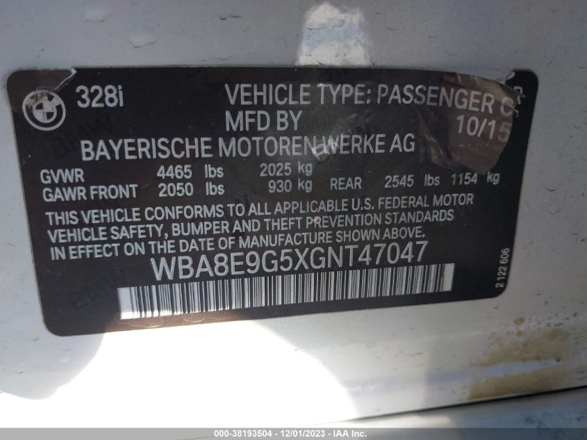 2016 BMW 328I VIN: WBA8E9G5XGNT47047 Lot: 38193504