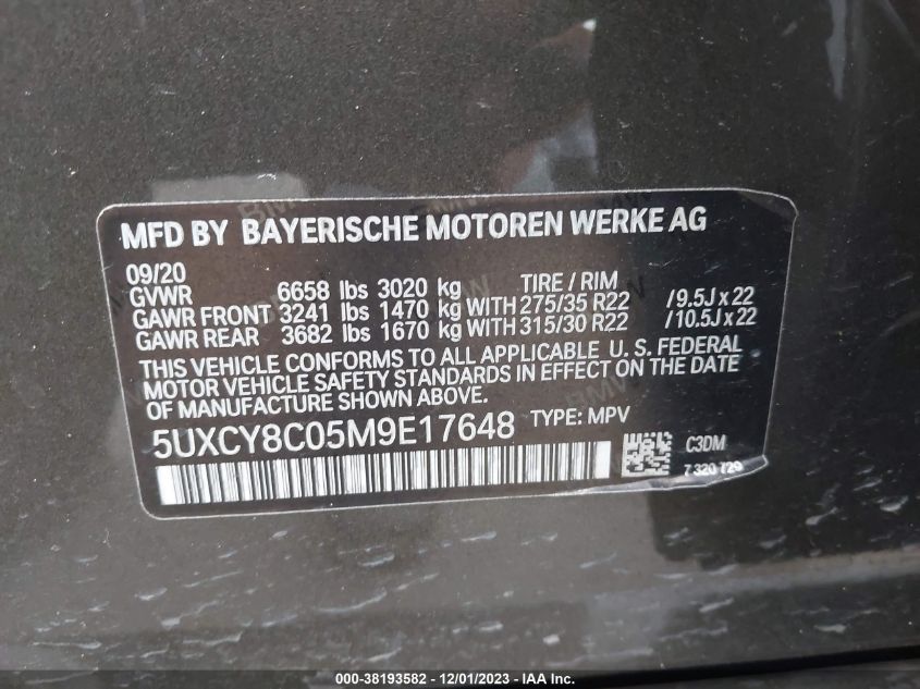 VIN 5UXCY8C05M9E17648 2021 BMW X6, M50I no.9