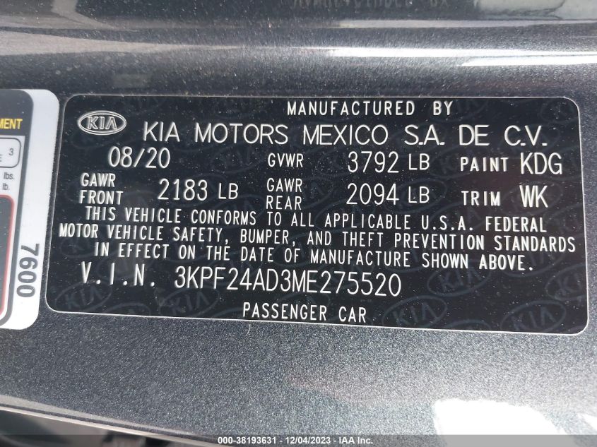 3KPF24AD3ME275520 2021 Kia Forte Fe