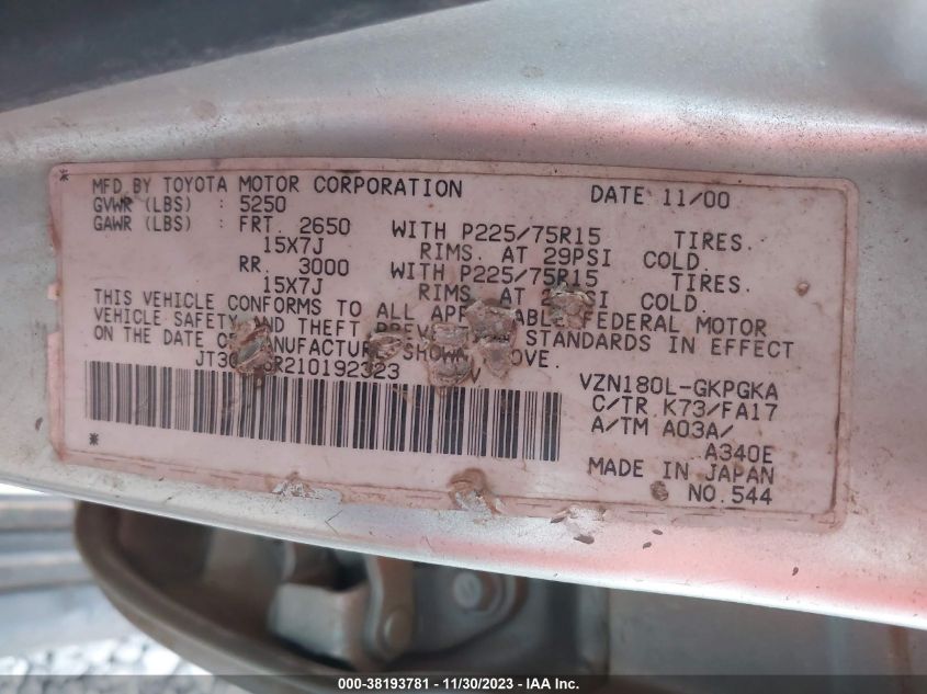 2001 Toyota 4Runner Sr5 VIN: JT3GN86R210192323 Lot: 38193781