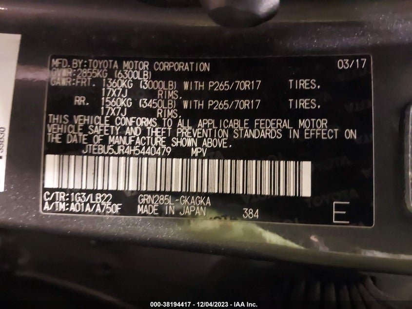 2017 Toyota 4Runner Sr5 Premium VIN: JTEBU5JR4H5440479 Lot: 38194417