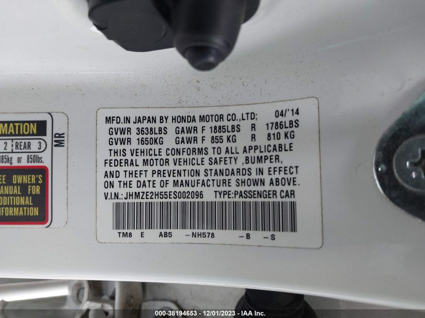 JHMZE2H55ES002096 2014 Honda Insight Lx