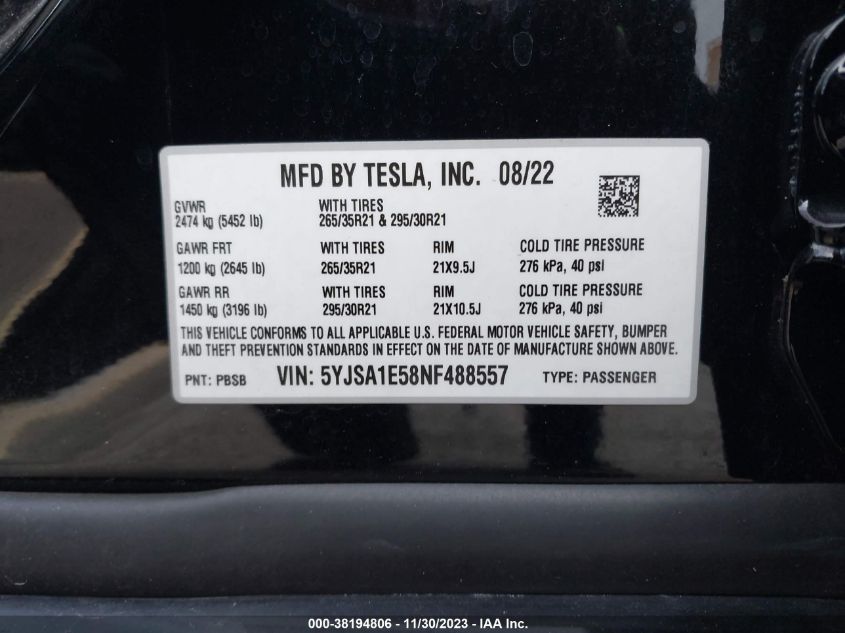 2022 Tesla Model S Dual Motor All-Wheel Drive VIN: 5YJSA1E58NF488557 Lot: 38194806