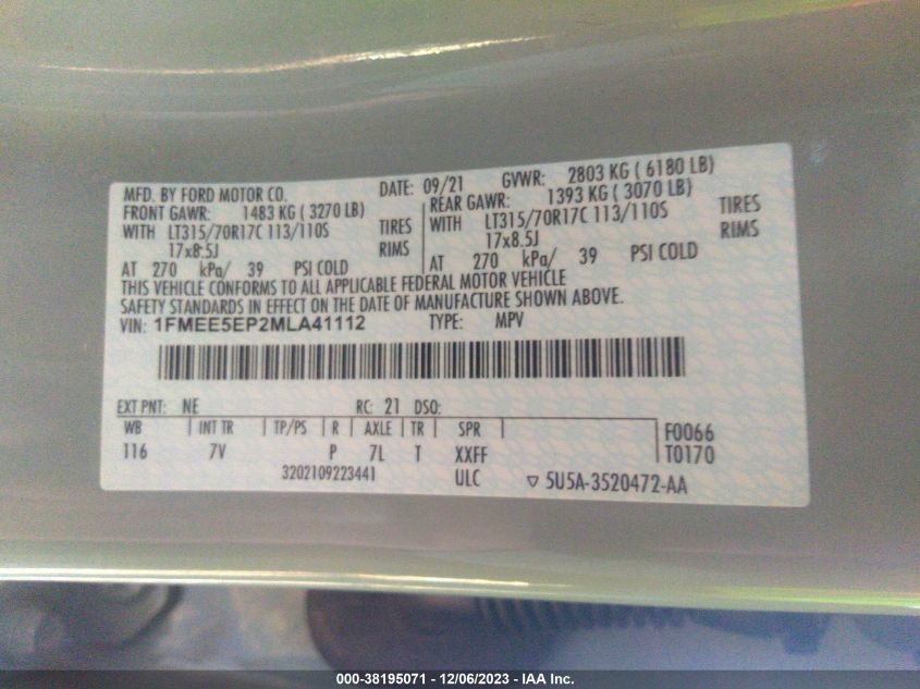 2021 Ford Bronco First Edition VIN: 1FMEE5EP2MLA41112 Lot: 38195071