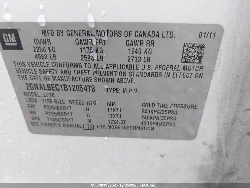 2GNALBEC1B1205478 2011 Chevrolet Equinox Ls