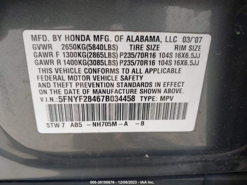 2007 Honda Pilot Ex VIN: 5FNYF28467B034458 Lot: 38195676