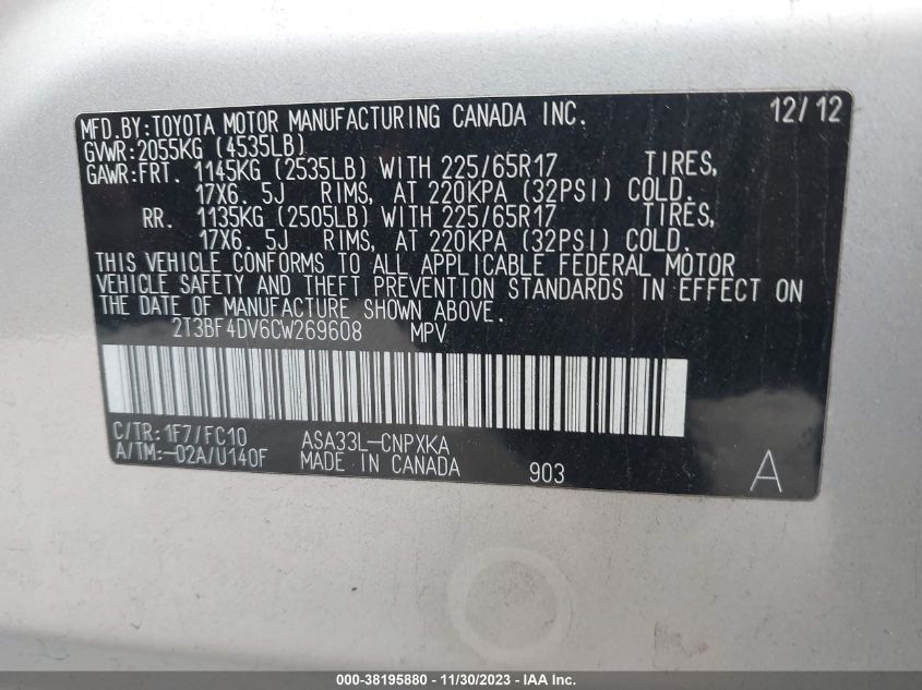 2T3BF4DV6CW269608 2012 Toyota Rav4