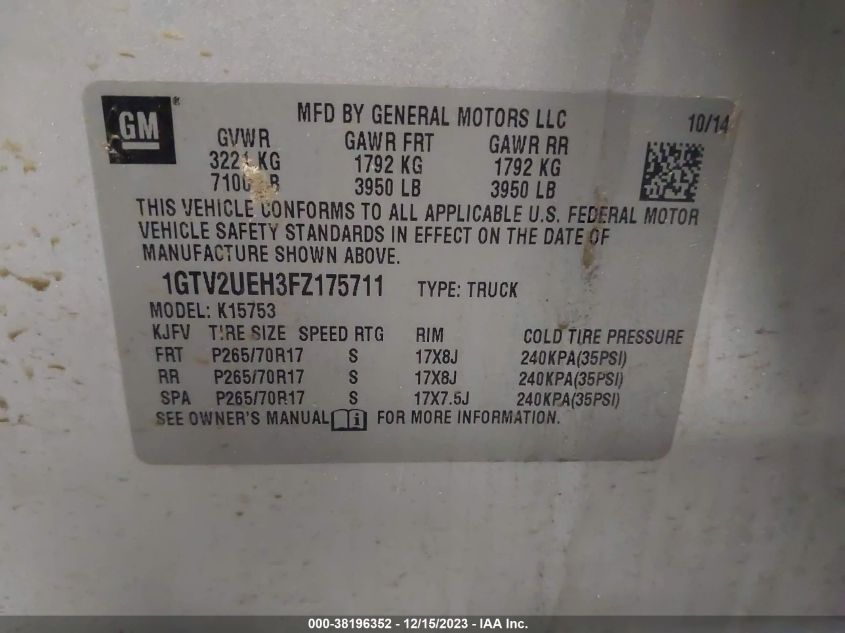 1GTV2UEH3FZ175711 2015 GMC Sierra 1500 Sle