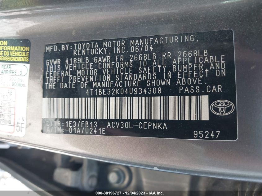 4T1BE32K04U934308 2004 Toyota Camry Le