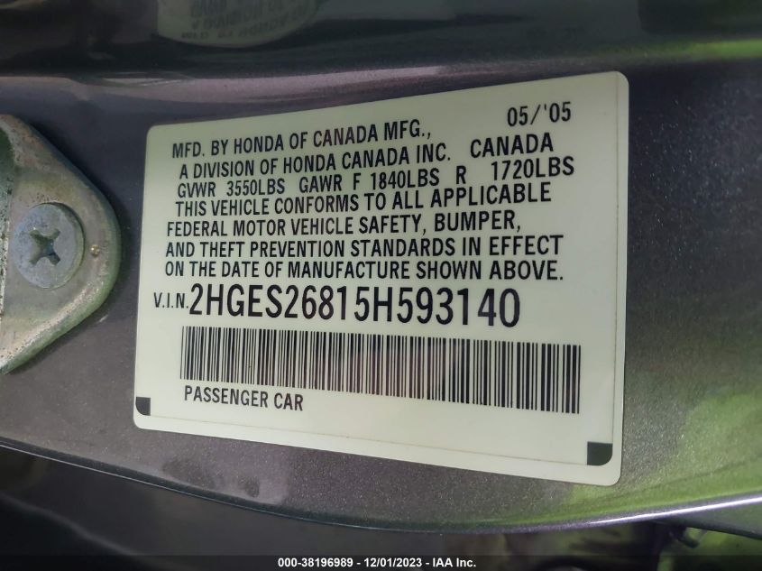 2HGES26815H593140 2005 Honda Civic Ex