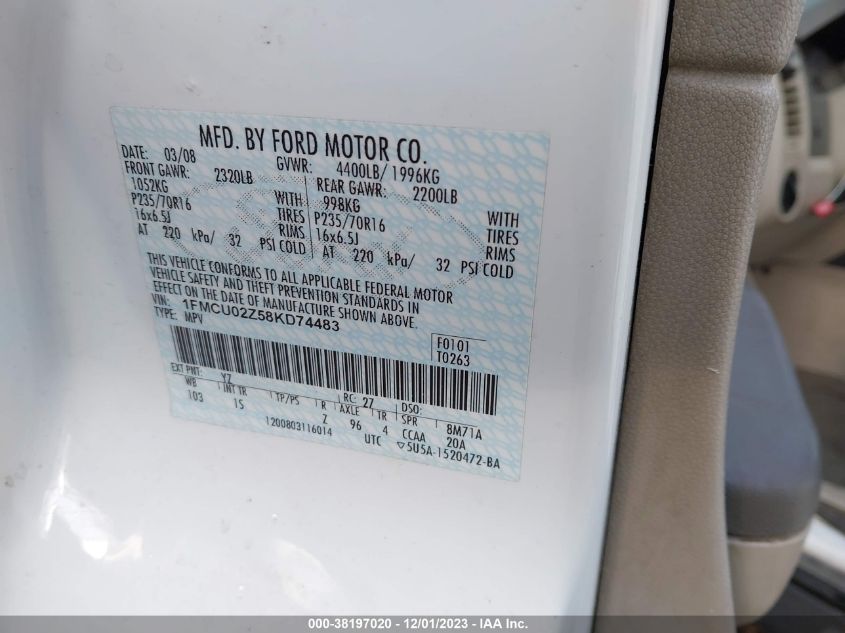 1FMCU02Z58KD74483 2008 Ford Escape Xls/Xls Manual