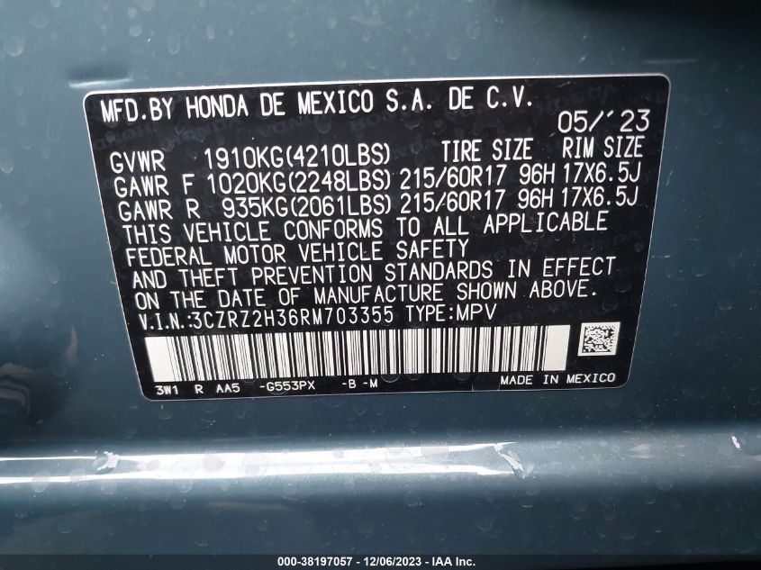 2024 Honda Hr-V Awd Lx VIN: 3CZRZ2H36RM703355 Lot: 38197057