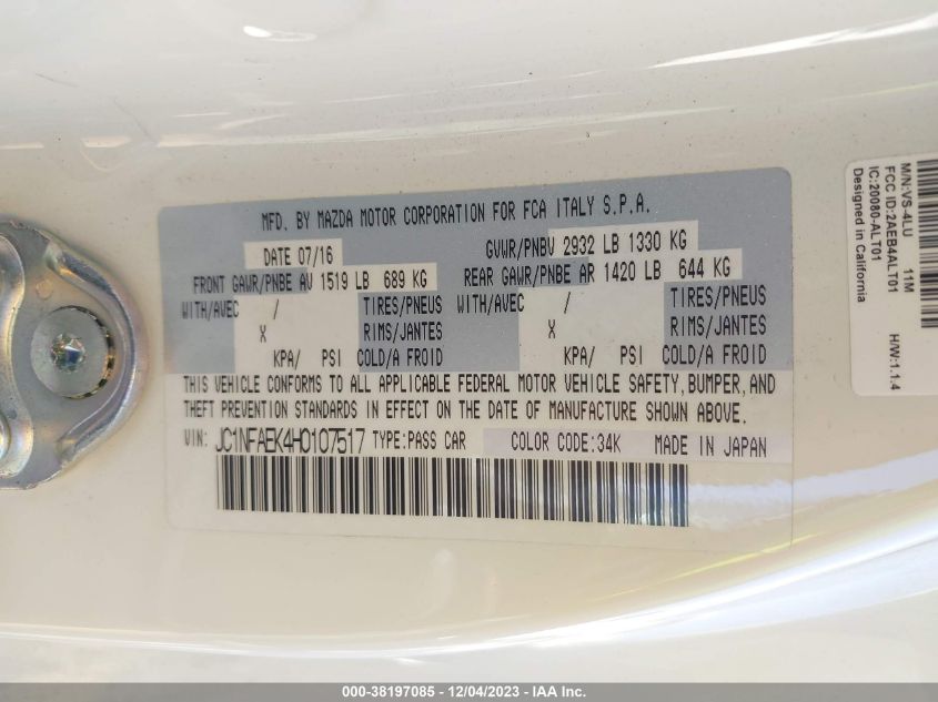 2017 Fiat 124 Spider Lusso VIN: JC1NFAEK4H0107517 Lot: 38197085