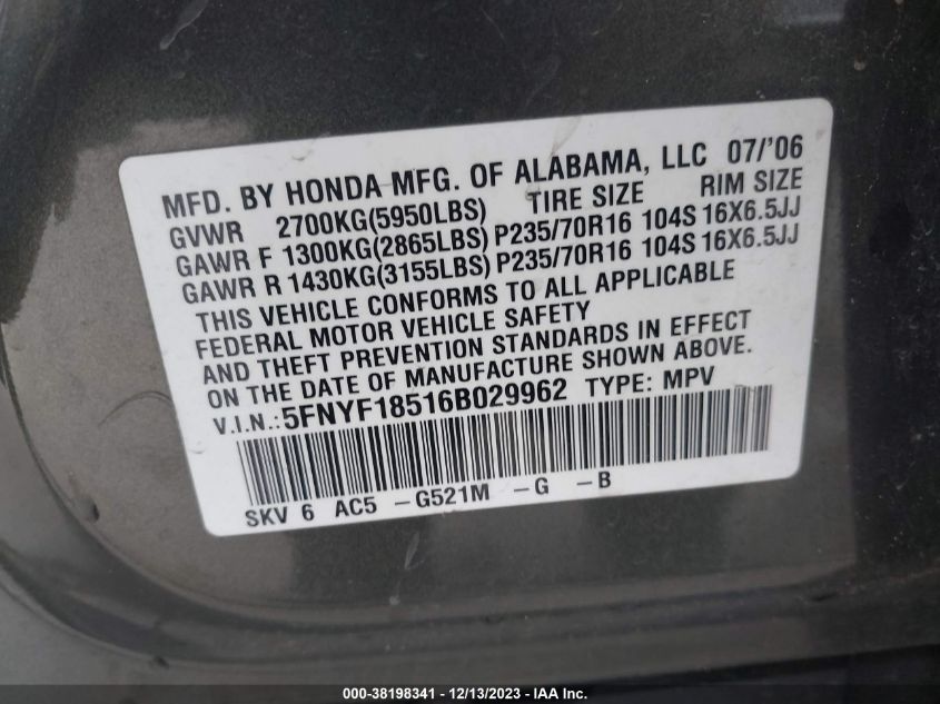 2006 Honda Pilot Ex-L VIN: 5FNYF18516B029962 Lot: 40689798