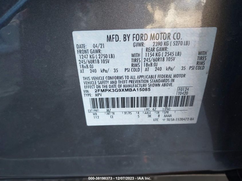 2021 Ford Edge Se VIN: 2FMPK3G9XMBA15085 Lot: 38198373