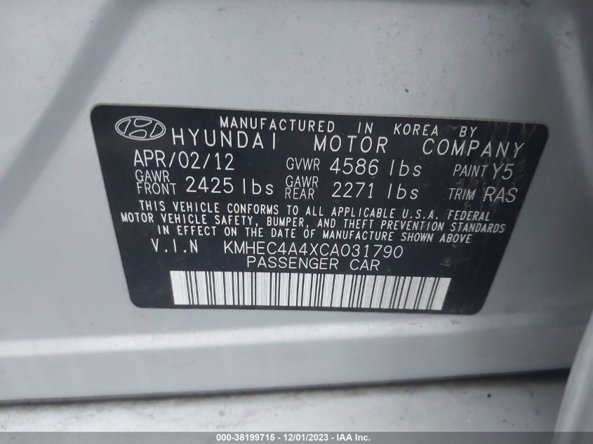 2012 Hyundai Sonata Hybrid VIN: KMHEC4A4XCA031790 Lot: 38199715