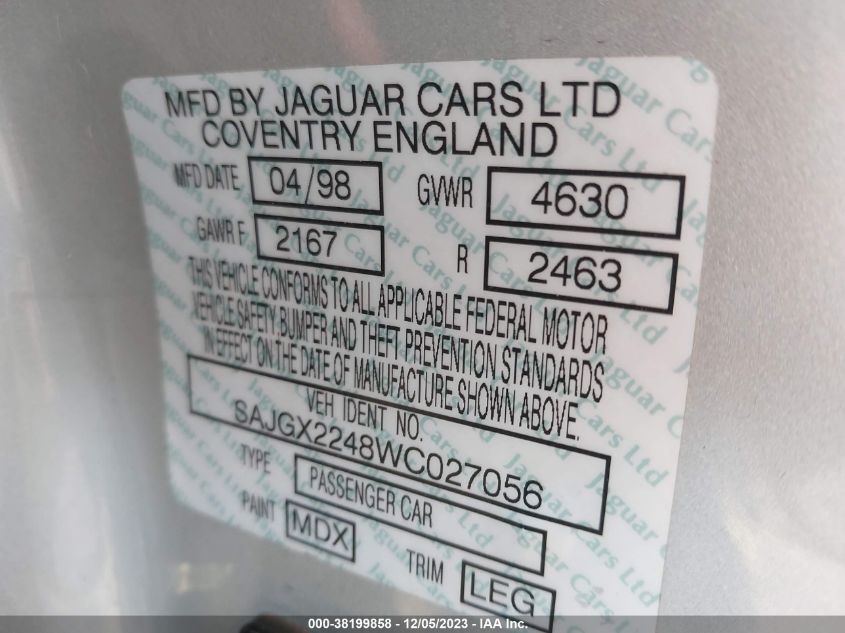 1998 Jaguar Xk8 VIN: SAJGX2248WC027056 Lot: 38199858