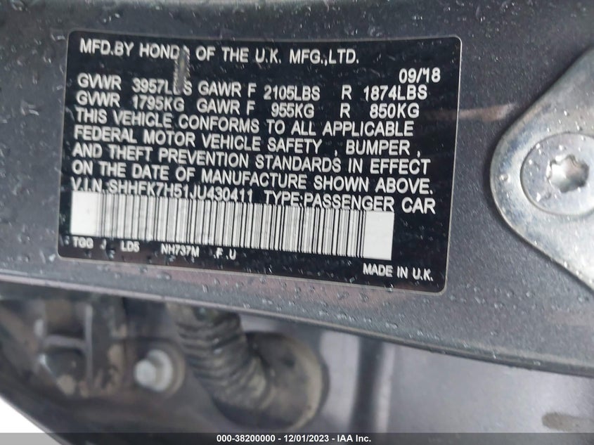 2018 HONDA CIVIC VIN: SHHFK7H51JU430411