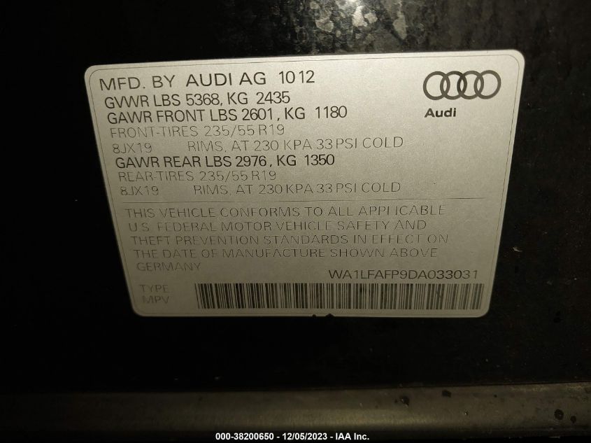 2013 Audi Q5 2.0T Premium VIN: WA1LFAFP9DA033031 Lot: 38200650