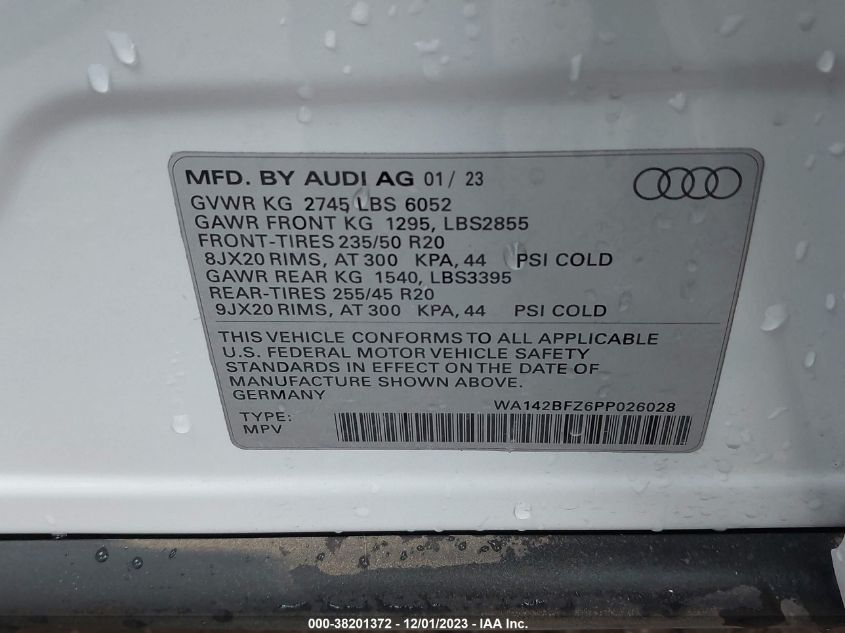 2023 Audi Q4 Sportback E-Tron Prestige 50 Quattro VIN: WA142BFZ6PP026028 Lot: 38201372