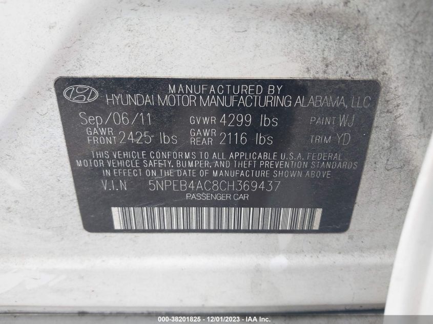 2012 Hyundai Sonata Gls VIN: 5NPEB4AC8CH369437 Lot: 38201825