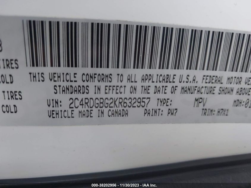 2C4RDGBG2KR632957 2019 Dodge Grand Caravan Se