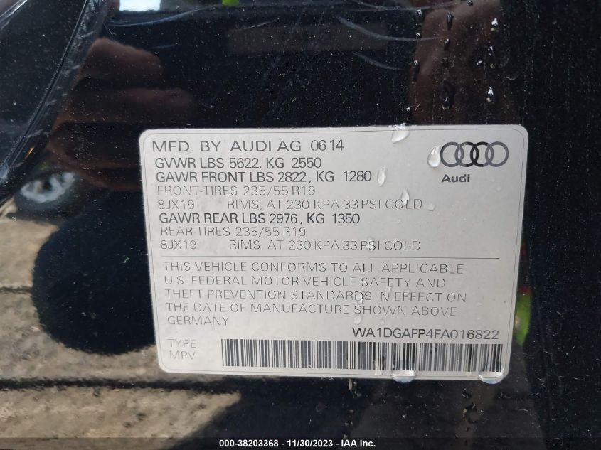 2015 Audi Q5 3.0T Premium Plus VIN: WA1DGAFP4FA016822 Lot: 38203368