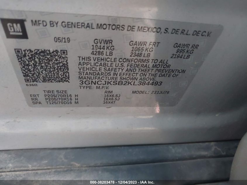 3GNCJKSB2KL384493 2019 Chevrolet Trax Ls