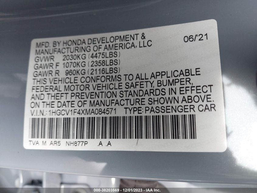 2021 Honda Accord Sport Special Edition VIN: 1HGCV1F4XMA084571 Lot: 38203569