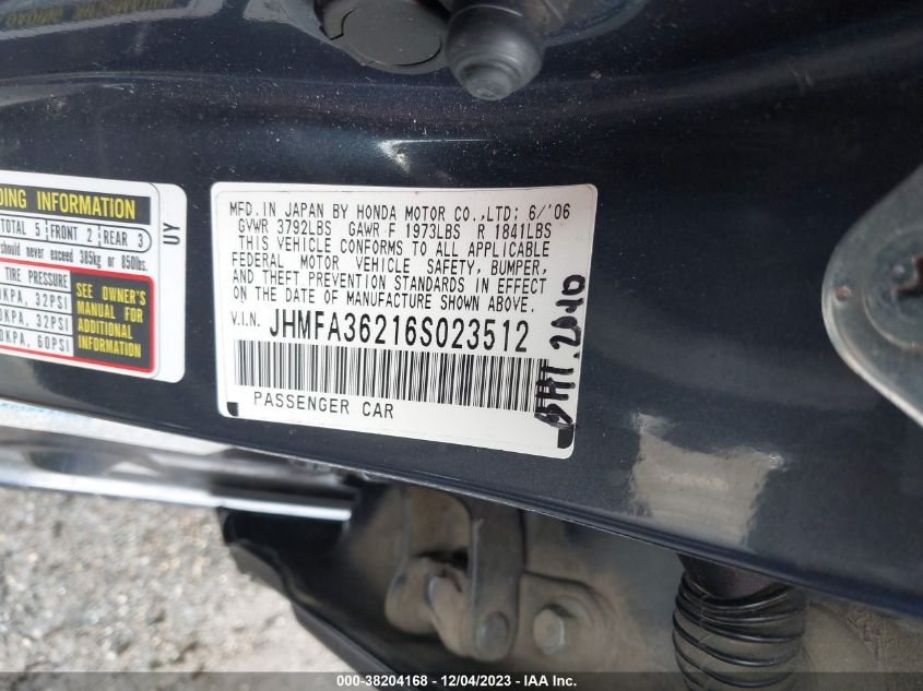 JHMFA36216S023512 2006 Honda Civic Hybrid