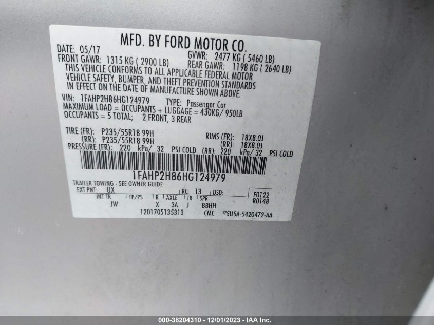 1FAHP2H86HG124979 2017 Ford Taurus Sel