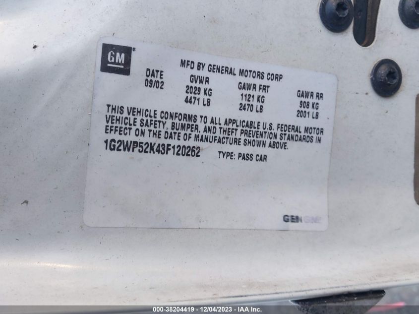 2003 Pontiac Grand Prix Gt VIN: 1G2WP52K43F120262 Lot: 38204419