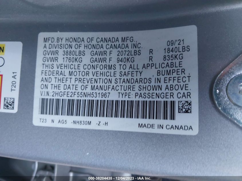 2HGFE2F55NH531967 2022 Honda Civic Sport