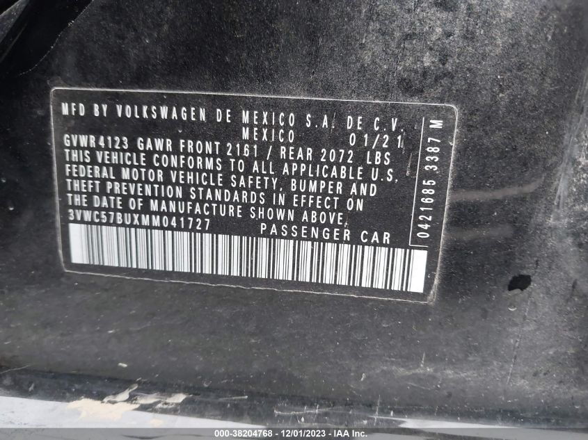 2021 Volkswagen Jetta 1.4T R-Line/1.4T S/1.4T Se VIN: 3VWC57BUXMM041727 Lot: 38204768